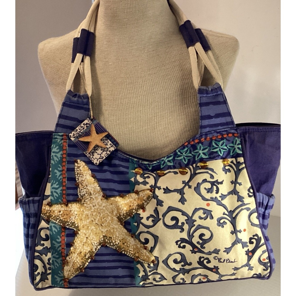 Paul Brent Canvas Beach Bag Tote Purse Starfish Wood Beads Faux Mirror Hang Tag